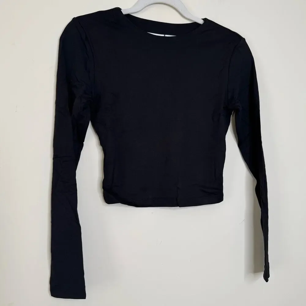 Susana Monaco Long Sleeve Crewneck Crop Top - Black NWT Size Medium
